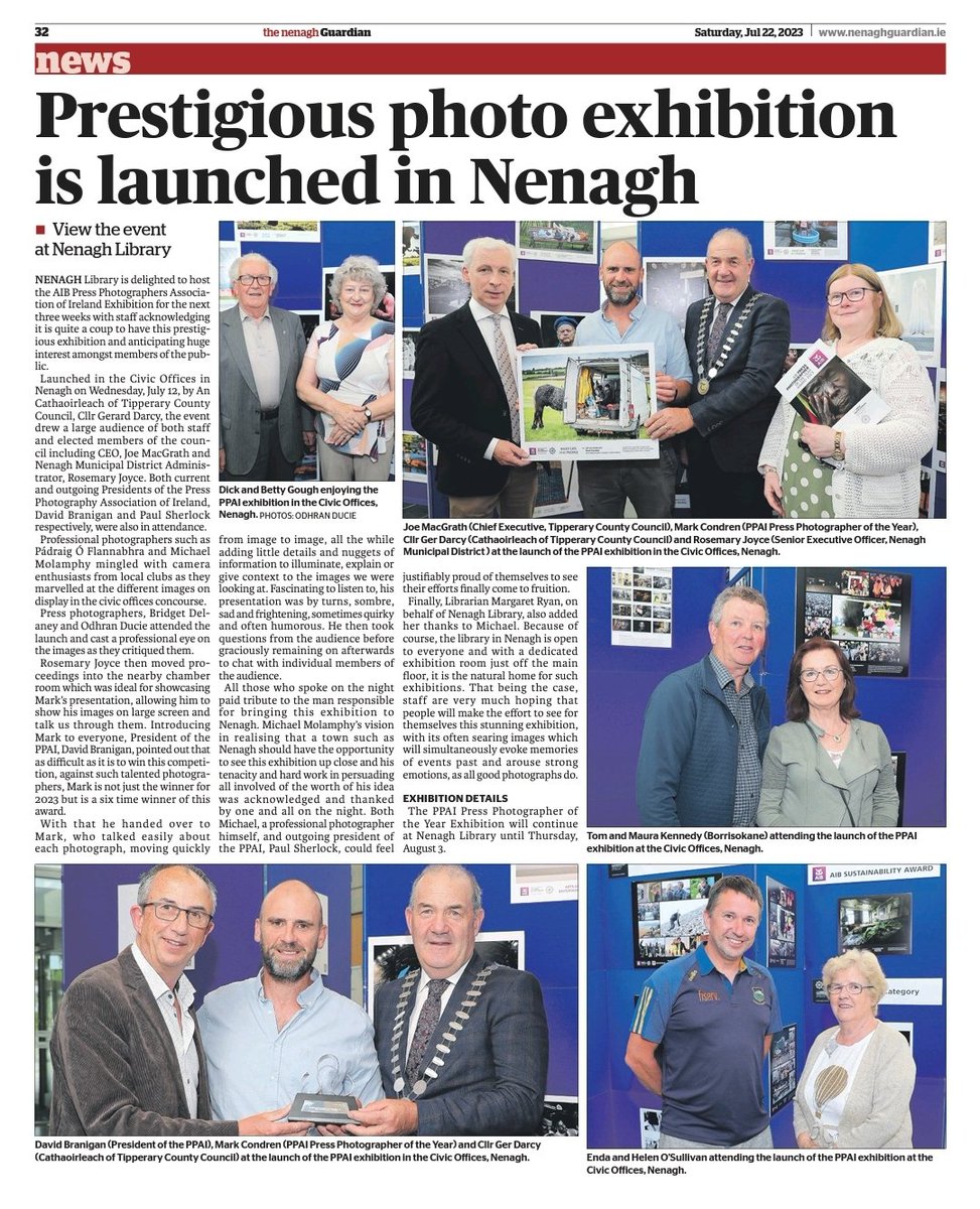 Thanks to @NenaghGuardian for their coverage of the @PPAI_IRL exhibition launch in Nenagh. #capturinghistory Great to have Press Photographer of the Year @markcondren PPAI President @davidbranigan and Past President and exhibition extraordinaire @paulsherphoto in attendance.