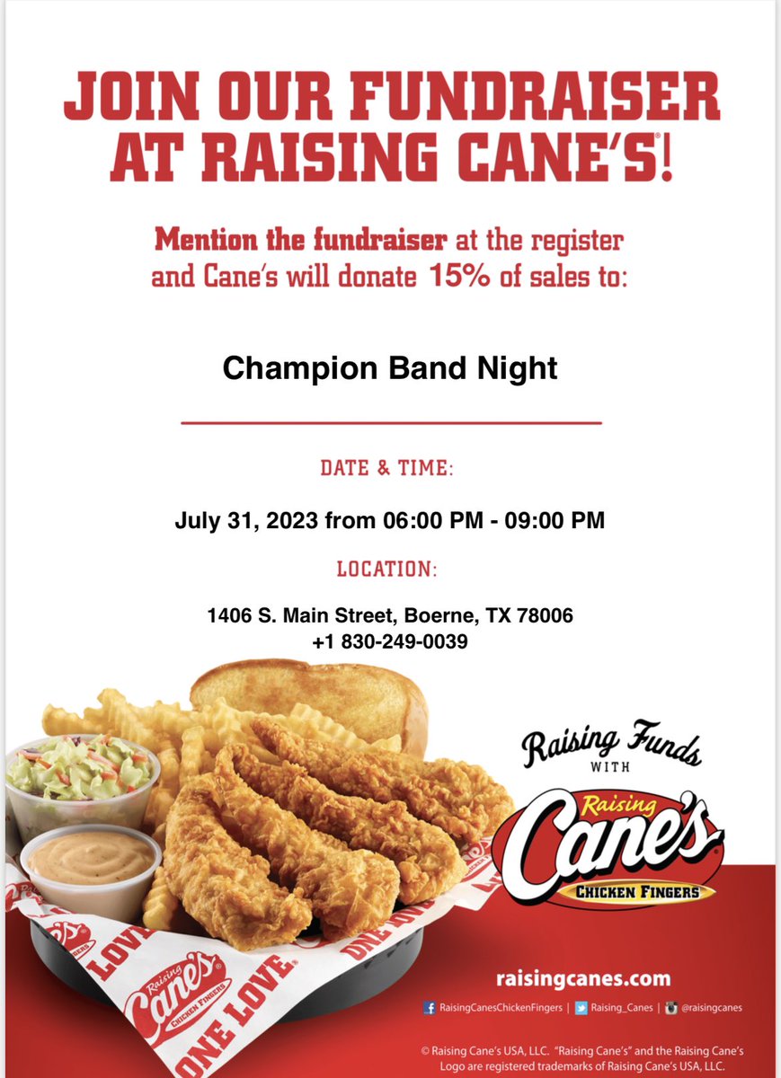 ChampionHSBand's tweet photo. Join us next Monday at Canes in Boerne!!! GREAT FOOD and #THEBESTSTUDENTSINTHESTATE!
Winner-Winner CHICKEN DINNER!
@SamChampionHS @championchargerband @boernefinearts @boerneisd https://t.co/DBXcOSp9BK
