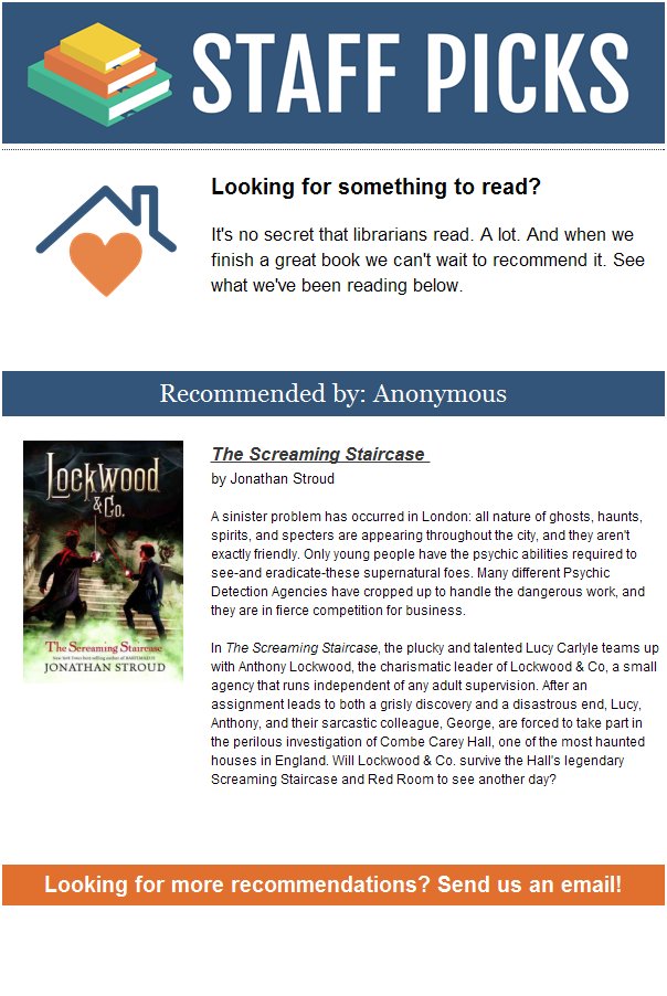 This week’s #StaffPick is The Screaming Staircase by Jonathan Stroud. It is young adult book and a supernatural thriller. The book is the basis for the Netflix series Lockwood &amp; Co.  #Staffreads #staffpicks #youngadult #ScreamingStaircase #LockwoodandCo.  libraryaware.com/2TMRVP