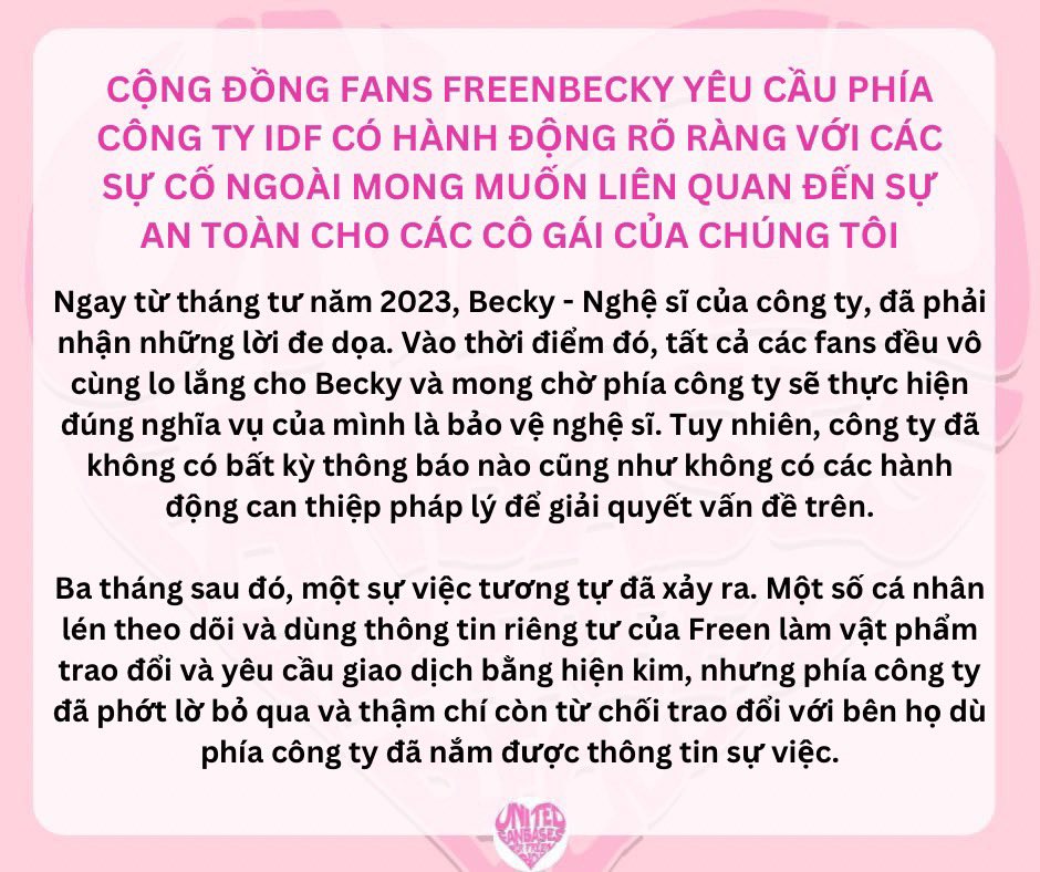FreenBeckyVN's tweet photo. ‼️‼️ FBVNO CÙNG CÁC FANBASE QUỐC TẾ LÊN TIẾNG ĐỀ NGHỊ IDF NGHIÊM TÚC HƠN TRONG HÀNH ĐỘNG BẢO VỆ FREENBECKY

‼️‼️ FREENBECKY VIETNAM OFFICIAL กับแฟนคลับทั่วโลก ขอเรียกร้องความชัดเจนจาก @IDOLFACTORYTH ในการปกป้องฟรีนเบค

Trans by FBVNO

#idolfactoryTH https://t.co/BzQbxt2nA2