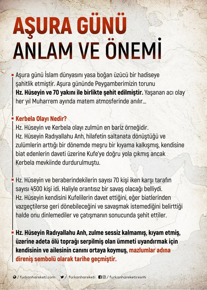10 Muharrem, “Eğer ben bu yola çıkmazsam korkarım ki benden sonra kimse adaletsizliğe, zulme, haksızlığa başkaldırmaz.” diyerek zalime boyun eğmeyen Hz.Hüseyin ve Ehl-i Beyt'in şehadet günüdür.

Hz. Hüseyin’i ve #Kerbela şehitlerini rahmetle anıyoruz.. 

#10Muharrem