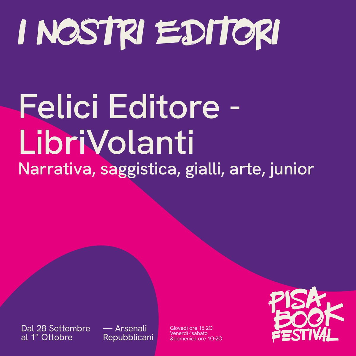 È finita un’altra settimana, ma gli annunci dei nostri numerosi editori non sono ancora finiti! Con gli altri saranno presenti anche: 

📚 <a href="/ExormaEdizioni/">Exòrma Edizioni</a>
📚 <a href="/FaziEditore/">Fazi Editore</a>
📚 <a href="/FederighiEd/">Federighi Editori</a>
📚 <a href="/Felici_Editore/">Felici Editore</a> - LibriVolanti
 
#PBF23 #PisaBookFestival #SaloneEditoriaIndipendente