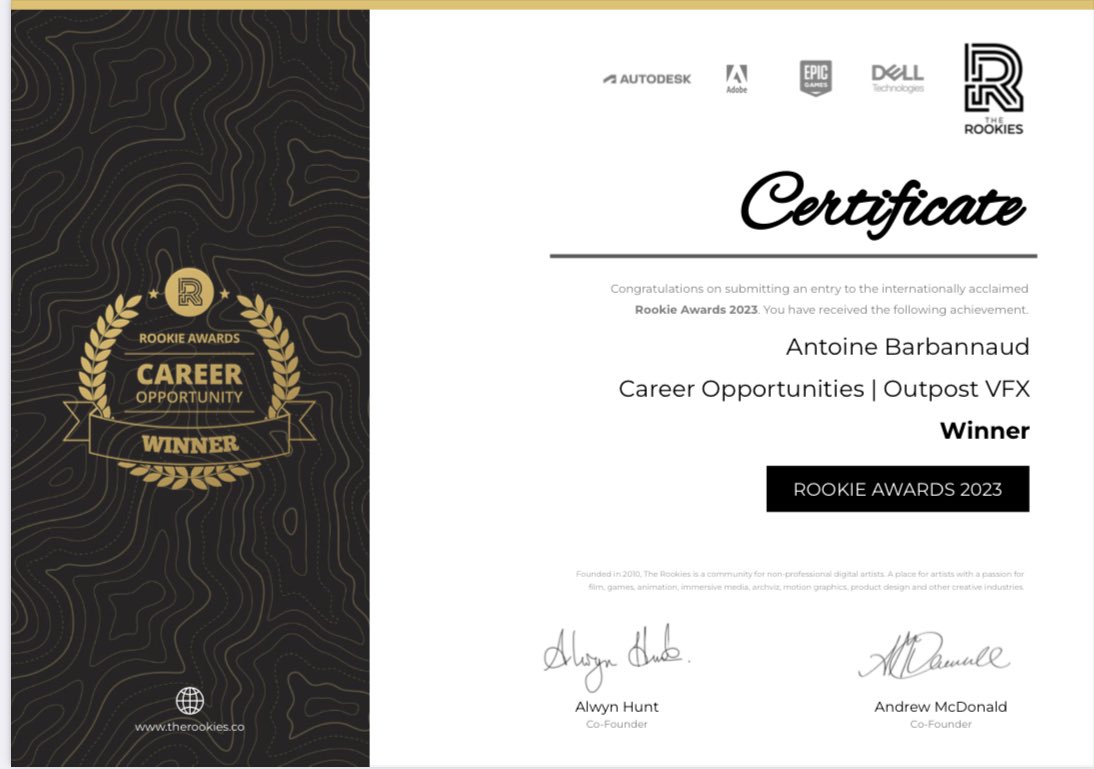 So so happy to share I’ve won <a href="/TheRookiesCO/">TheRookiesCO</a> Awards - <a href="/outpostvfx/">Outpost VFX</a> career opportunity! Really pumped as this was my first entry 😅

I was also a finalist in the Visual Effects section and DNEG career opportunity. There were so many great entries!