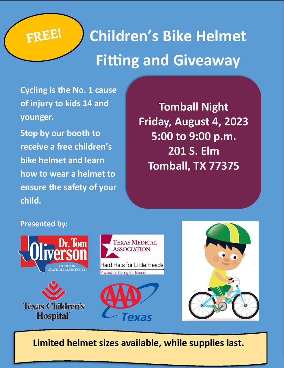 Stop by the AAA Texas booth at the 51st annual Tomball Night on Aug. 4 to receive a free child's bike helmet and learn how to properly secure the helmet on your child's head to prevent injury. A variety of helmet sizes are available while supplies last, so stop by our booth early