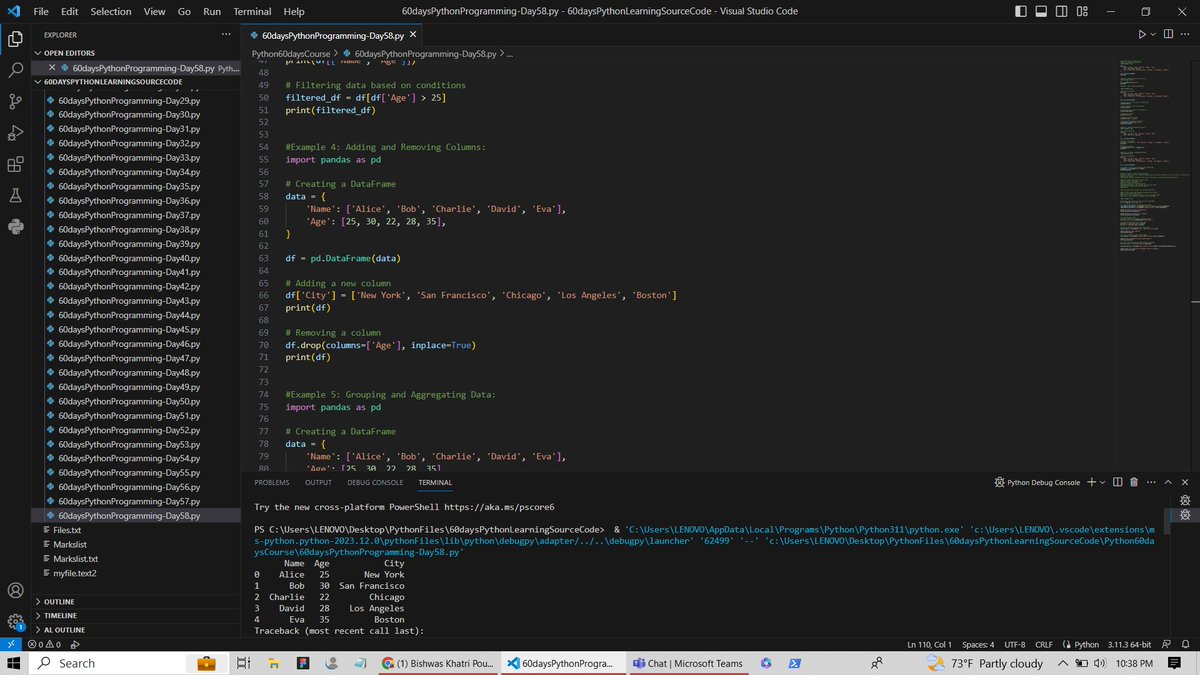 Bishwas76483918's tweet image. It&apos;s July 28th and Day 58 of learning Python programming. Today, I learned about Pandas lib and it&apos;s use case -Part 2 in Python.  #LeapfrogStudentPartnershipProgram #60DaysOfLearning2023 #LearningWithLeapfrog #LSPPD{58}
