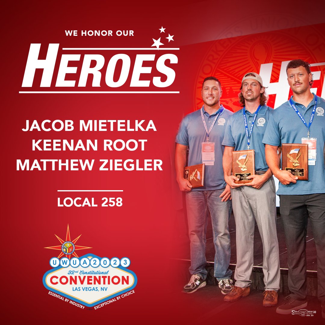 Yesterday, we honored Jacob Mietelka, Keenan Root and Matthew Ziegler from Local 258 who stepped up to save the life of a member of their community. 🏆 🏆🏆 #1u #UWUA32