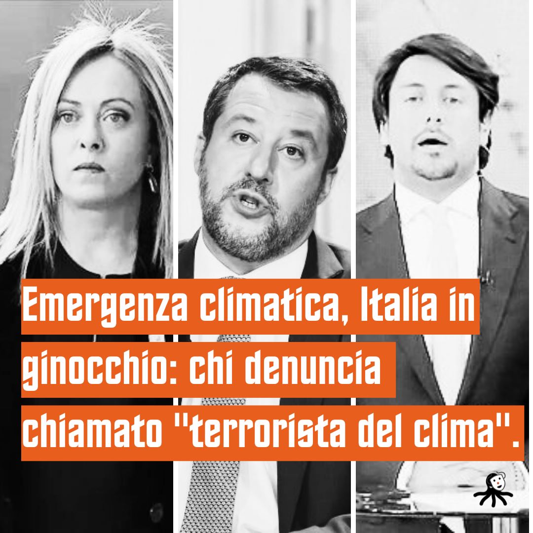 OnlineSmask's tweet photo. La signora M accusa la #sinistra di “fanatismo ultraecologista”. "Libero" li definisce "terroristi del clima", "La Verità" inventa "setta climatica". Il signor S minimizza. Perché sono così negazionisti? #salvini #meloni https://t.co/Mz79yiiafB