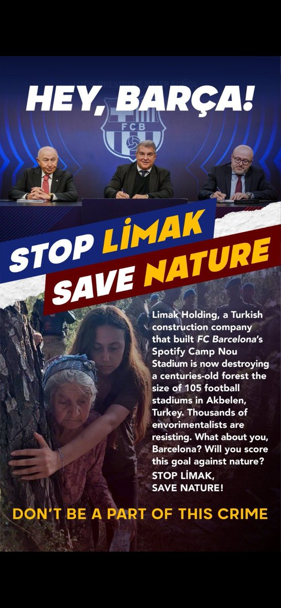 AKP, çetelerine ülkeyi ahlaksızca peşkeş çekiyor.
Namuslu bütün insanlar buna karşı koymaya mecburdur.
#AkbelenDirenişi #HeyBarcaStopLimakSaveNature #FCBarcelona #StopLimak #SaveNature #forestdestruction #stopforestdestruction #akbelenedokunma #akbelenormanınıvermeyeceğiz