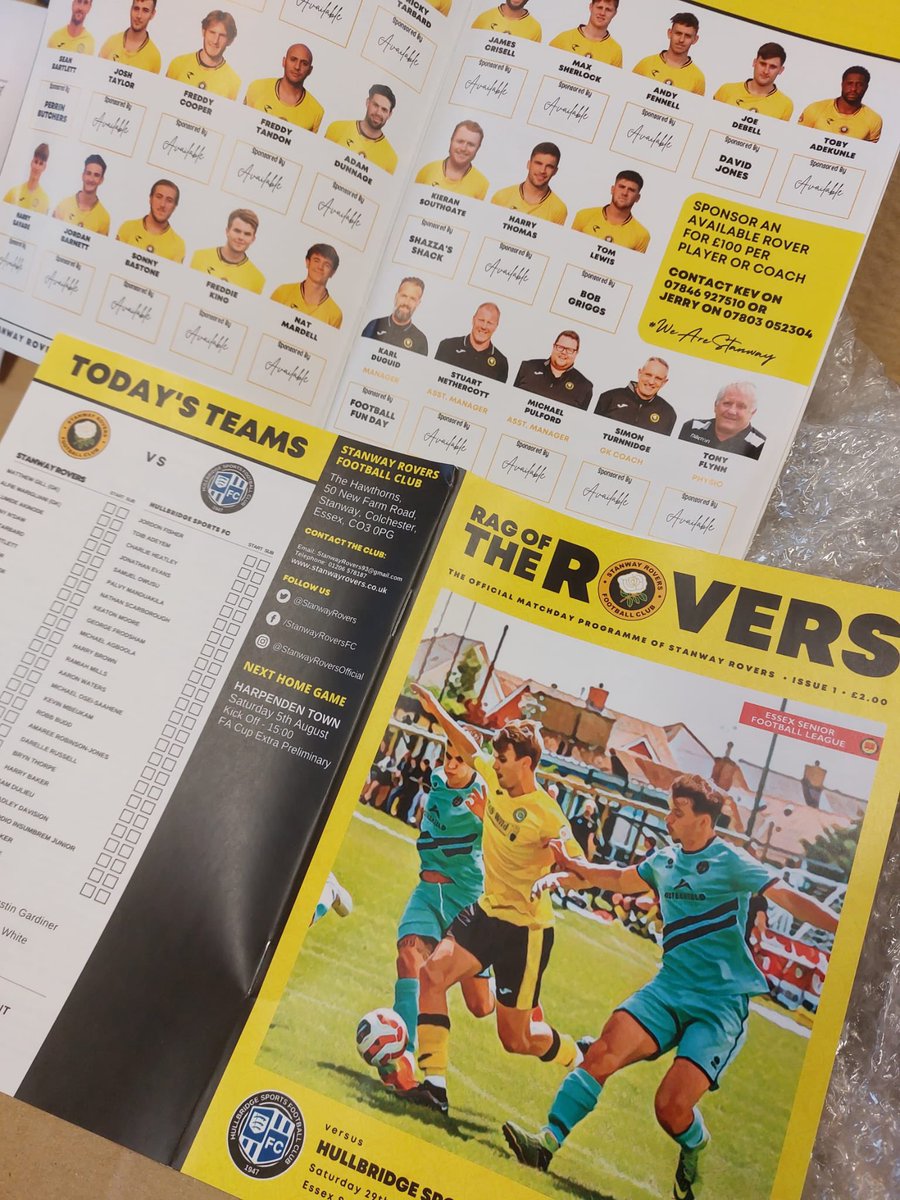 StanwayRovers's tweet photo. The programmes have arrived and that can only mean one thing… 👀

It’s the opening weekend of the @EssexSenior League 💥

Tomorrow we welcome @HullbridgeFC  to the Hawthorns for a 15:00 kick-off 

🎟️ £8 / £5 / £2 
💳 Cash &amp; Card payments accepted 
🗞️ Printed Programme £2 

#SRFC https://t.co/mqCELOmrvw