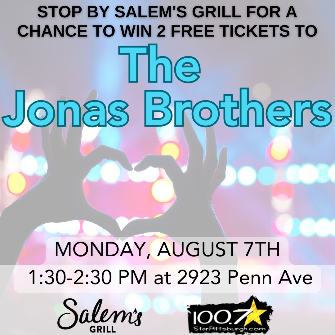 Come on down to Salem's Grill on August 7th to win 2 FREE TICKETS to the JONAS BROTHERS! 

#ticketdrop #winfreetickets #chanceofalifetime #pittsburgh #lovepgh