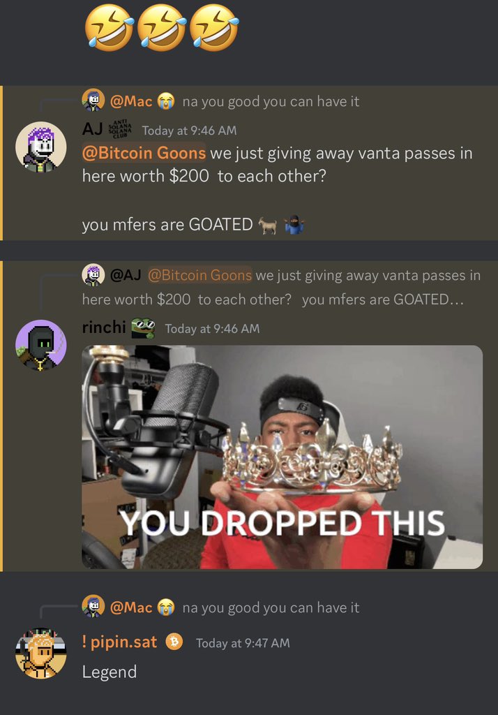 I don’t know what kinda stuff you guys do in your discords but I know the <a href="/AntiSolana/">goons 🥷</a> discord is lit. 

I love this community for real. Salute the legend @macthomson08 for giving away an <a href="/assetdash/">AssetDash</a> pass to his fellow goon🫡 

Even when we had nothing we still weren’t hopeless