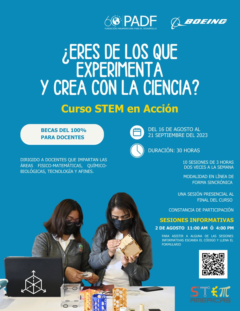 PADFMexico's tweet photo. 📢Maestras y maestros que experimentan y crean con la ciencia, aquellos que hacen del conocimiento científico algo divertido ¡este Curso #STEM en Acción es para uds!
Becas del 100% 🖥️ En línea
Checa las bases 🗓️16 de agosto
Se parte de la comunidad #STEMAmericas con @Boeing https://t.co/PJrDwb8nGw