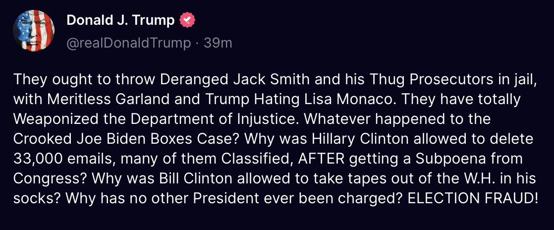 TomJChicago's tweet image. Trump is disintegrating in panic now. Lashing out. Knowing Jack Smith has him nailed for trying to erase the surveillance video. He has no comeback, no defense. His public platform is trashed. Worse, he's terrified about what's on the videos they have, what's on the Signal chat…