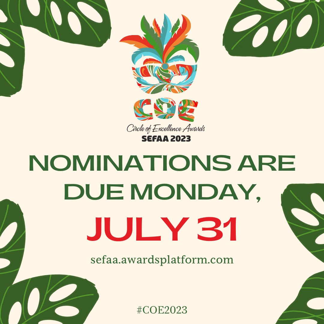 SEFAAORG's tweet photo. Last call 🗣 Complete your selection for the 2023 COE Awards by Monday, July 31st:
https://t.co/HFKrvgnLFL https://t.co/UmbODzkkxY