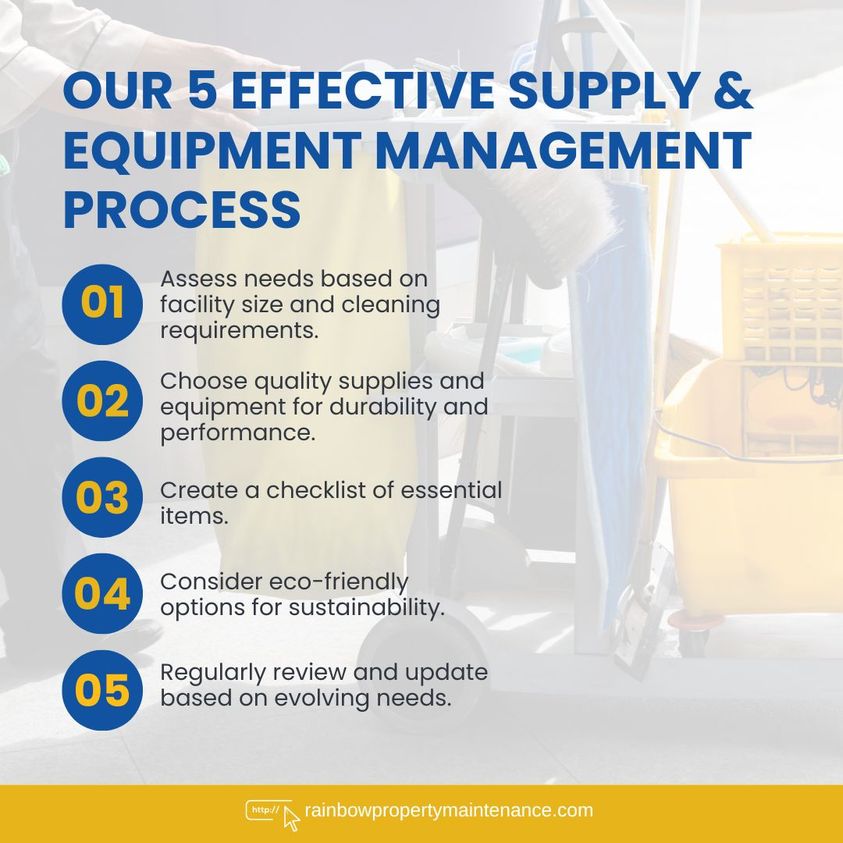 Efficient Supply & Equipment Management: Let Rainbow Property Maintenance be your guide in streamlining your janitorial and maintenance operations. We ensure you have the right tools for the job. Contact us for expert support.
#SupplyManagement #EquipmentManagement