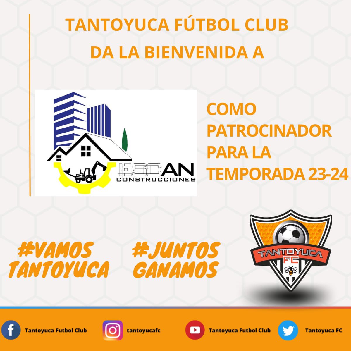 Bienvenidos a la familia Tantoyuca Fútbol Club gracias por sumarse en esta temporada 22/23 ⚽️🐝 

Orgulloso patrocinador 👍🏻🛳⚽️🐝 
Escan Construcciones ✔️