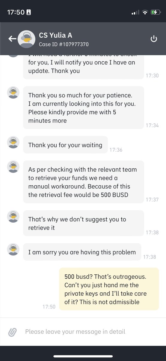 <a href="/cz_binance/">CZ 🔶 BNB</a> Dear Cz, I’m being extorted by being asked to pay 500 busd to retrieve some $kadena tokens that got sent to my address without the initial “k:”. Why did it take your team more than 50 hours to come with this number? Why 500 and not 5000? They can’t seem to explain things clearly
