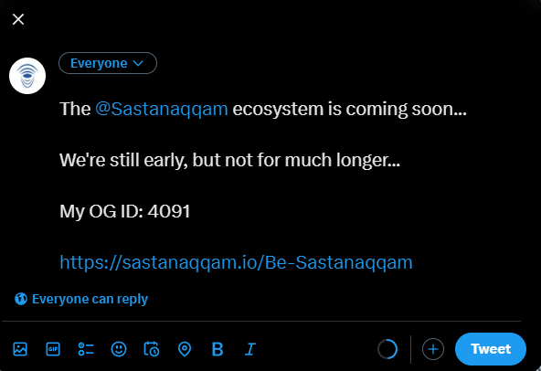 1⃣ Visit our website: sastanaqqam.io/Be-Sastanaqqam

2⃣ Click on "Be Sastanaqqam" button

3⃣ Post the generated tweet and save your OG ID 🤫
