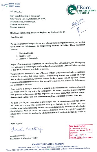 mctrgitofficial's tweet image. A Hearty Congrutulation !!! to the following Students selected by Ekam Foundation Mumbai under Ekam Scholarship for Enginereering Students 2023-24
1. Ruchitha Gowda
2. Kiran Sahu
3. Akansha Wankhade

#ekamfoundation #mctrgit #scholarships #Congratulations