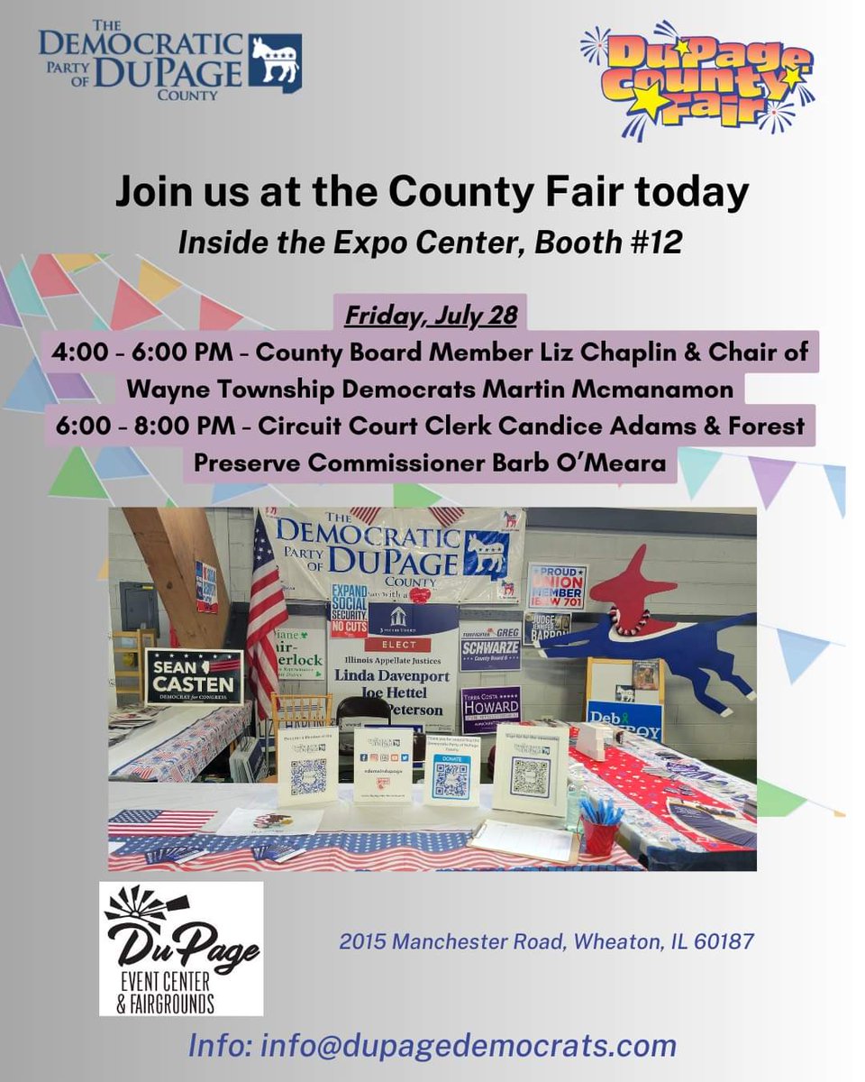 demsindupage's tweet photo. Join us at the DuPage County Fair today. We are in the Expo Center (yay for air conditioning). Today we are joined by County Board Member Liz Chaplin, Wayne Democrats Township Chair Martin Mamanamon, Circuit Court Clerk Candice Adams &amp; Forest Preserve Commissioner Barb O'Meara. https://t.co/uAeZeUatEB