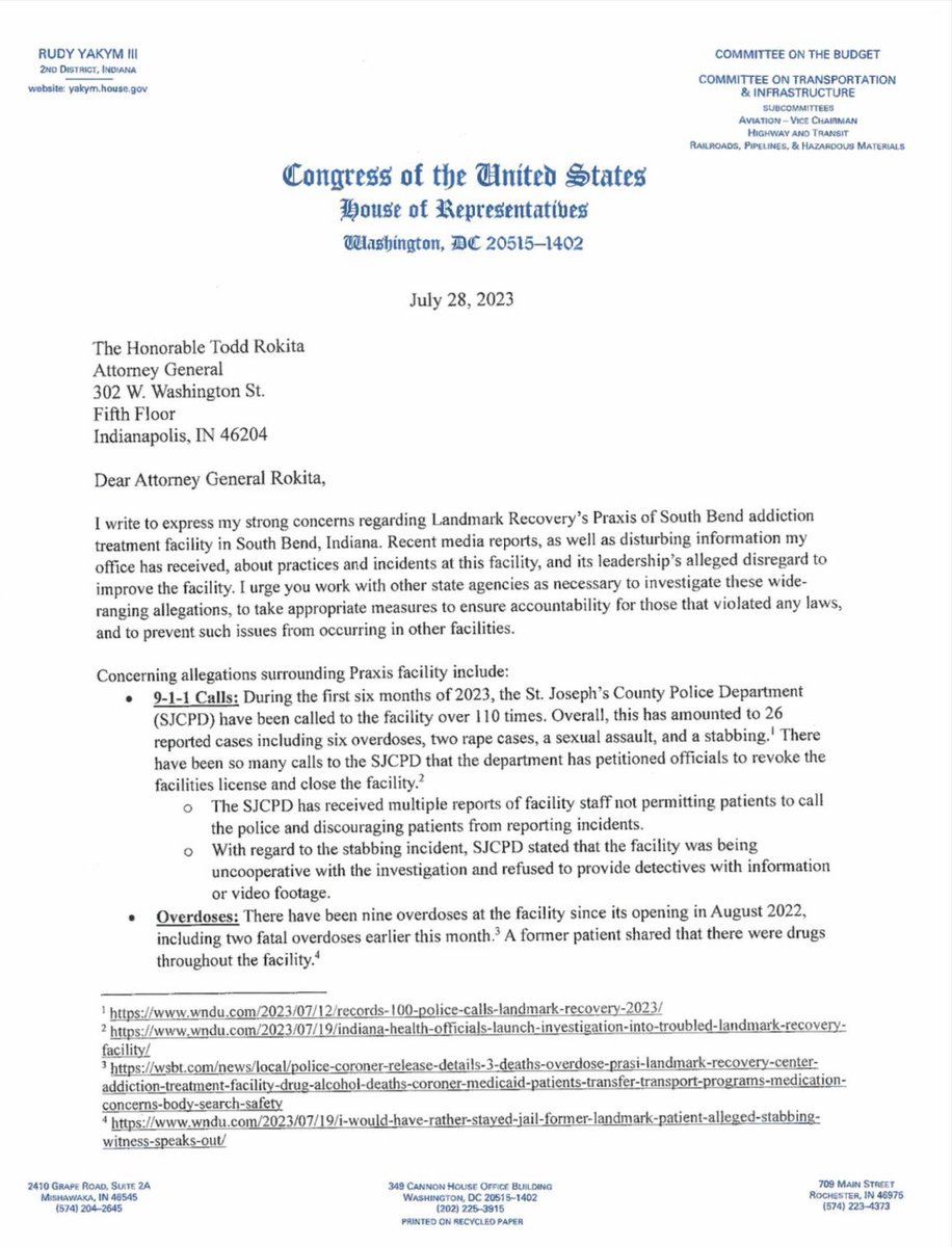EricaFinkeTV's tweet image. #BREAKING: @RepRudyYakym is asking Attorney General @ToddRokitaIN’s office to investigate the incidents at #Praxis of South Bend by #LandmarkRecovery.