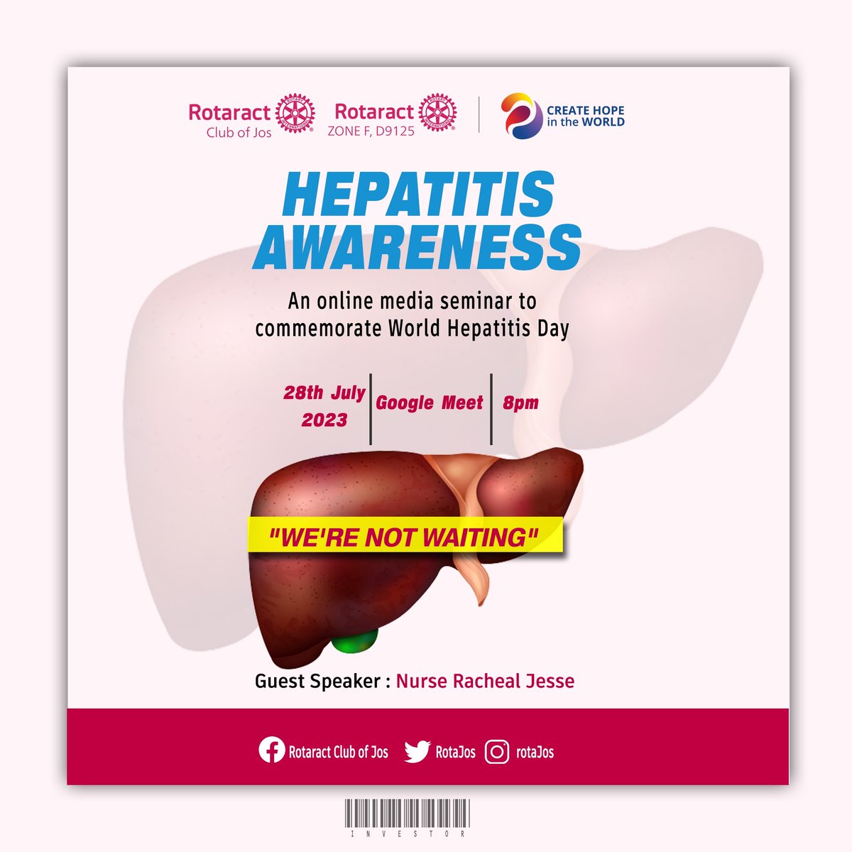 7_rotaractD9127's tweet photo. You're invited to webinar on HEPATITIS AWARENESS.
Today, 28th July 2023 by 8:00PM on WhatsApp
Tap link to join 👇🏽
https://t.co/FpXhXF097P
Speaker: Nurse Racheal Jesse
Come and Join Us!
#ZoneF #ActionPoint
#CreateHope #WorldHepatitisDay https://t.co/S0T6REJMNL