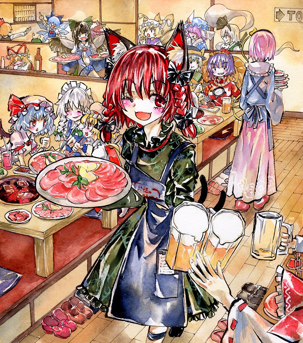 hakurei reimu ,kaenbyou rin ,komeiji satori ,konpaku youmu ,reiuji utsuho ,saigyouji yuyuko ,yakumo yukari ,yasaka kanako multiple girls 6+girls animal ears red eyes food tail twin braids  illustration images