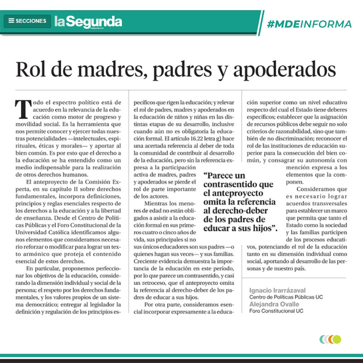 MiDerechoEducar's tweet photo. Excelente aporte de I.Irarrázaval y A.Ovalle de la @ucatolica sobre la relevancia del rol educativo de padres, madres y apoderados en la 1a infancia, que el @Procesoconsti23 omite: "Parece un contrasentido que omita la referencia del D°Deber de los Padres a educar a sus Hijos" 🤷 https://t.co/GAOu67z0CM