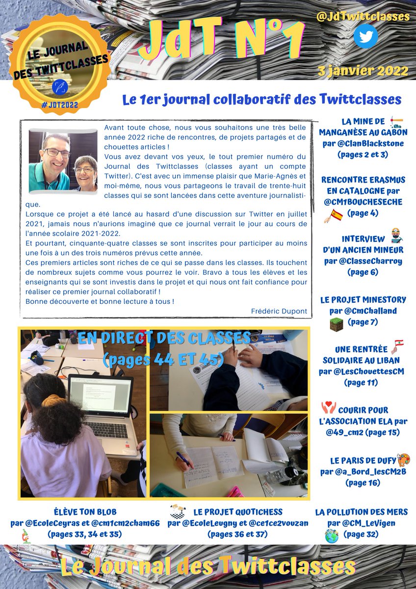 C'est parti pour (re)découvrir les 6 numéros du Journal des TwittClasses.

Voilà le tout premier numéro de ce projet collaboratif, publié le 3 janvier 2022 !

➡️38 articles et 48 pages.
➡️À télécharger : drive.google.com/file/d/1bMDlft…
➡️À lire en ligne : calameo.com/read/006968258…