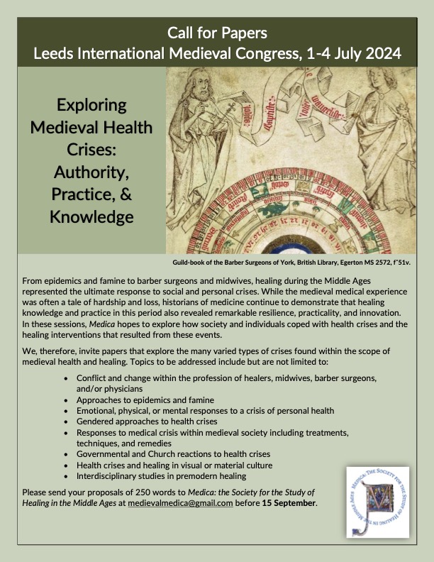 Medieval_Medica's tweet photo. 🚨🚨 CfPs for @KzooICMS and @IMC_Leeds 2024!
I Want to Sex (Ed) You Up (#ICMSKzoo). Deadline: 1 September

Exploring Medieval Health Crises: Authority, Practice, and Knowledge (#IMCLeeds). Deadline: 15 September

Submit 250-word abstracts to: medievalmedica@gmail.com

CfPs 👇 https://t.co/i2FJn4NiYn