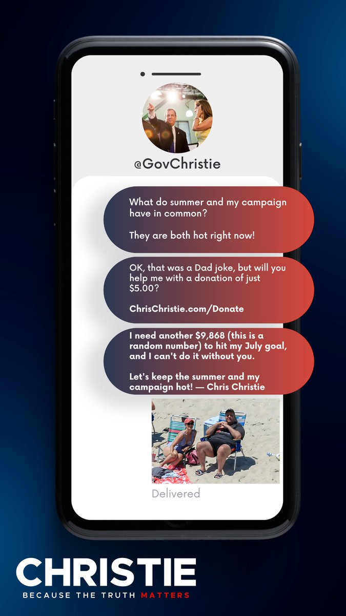GovChristie's tweet photo. Well… it’s the end of the month. Which means you’re probably getting tons of texts and emails begging for donations to hit random number fundraising goals. By the way, they’re all fake…

We have FOMO, so we joined in on the action. Here’s what we sent this morning. https://t.co/sTuAt67DQj