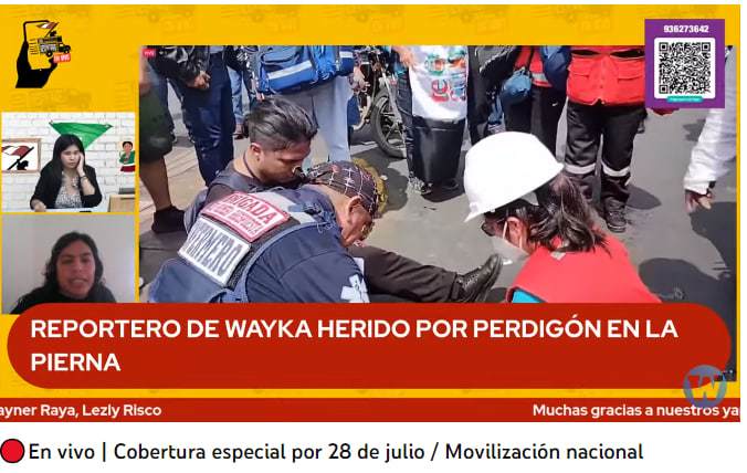 WaykaPeru's tweet photo. 🔴 #URGENTE | Reportero Juan Zapata es herido por perdigón en la pierna durante movilizaciones pacíficas en contra del régimen de Dina Boluarte.
C.c. @cnddhh @ANP_periodistas @Defensoria_Peru 

🔴 Transmisión en vivo: https://t.co/r2Z5HCmUcK https://t.co/rpVaVnvZUO