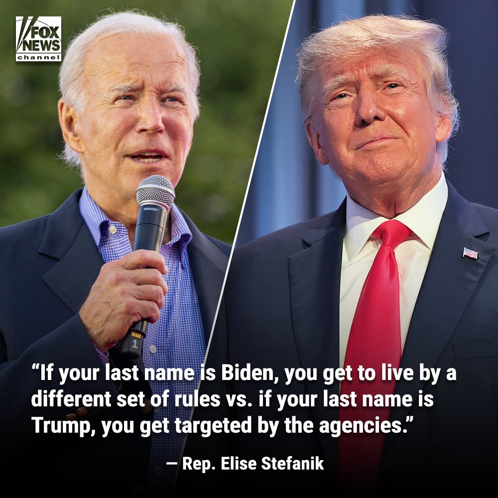 FoxNews's tweet photo. 'POLITICAL' PLAY: Rep @EliseStefanik blasts the DOJ for 'weaponization', drawing a stark contrast between the handling of recent charges filed against Hunter Biden and the former president. https://t.co/3j4WWM5anw
