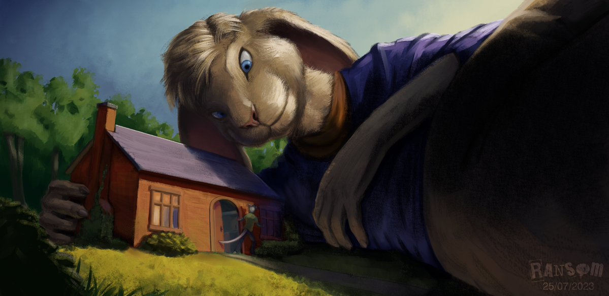 RansomCat's tweet photo. "Hazel and Maurice"

Hazel the overgrown rabbit pays a visit to @MauriceRatto's little country cottage.

"The first time I met Maurice. For some reason he seemed shocked that I was 100ft tall. Its not that big. Besides, he said he liked taller guys!" — Hazel
#macro #furry #art https://t.co/3whpgnG37k