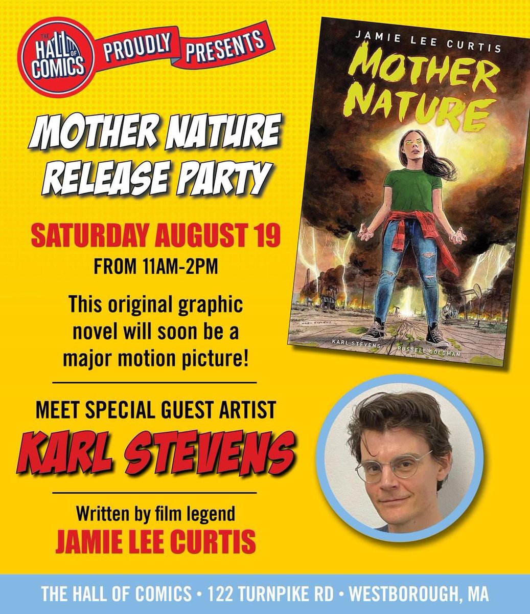 Meet artist KARL STEVENS on Sat Aug 19 from 11-2! He’s joining us for the release of MOTHER NATURE written by film legend Jamie Lee Curtis, published by <a href="/ComicsTitan/">Titan Comics</a> 
Details at tinyurl.com/3zzy5y4p @KarlStevensart <a href="/jamieleecurtis/">Jamie Lee Curtis</a>