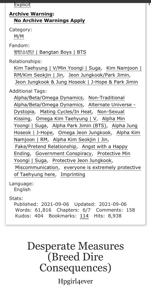 Oh look, it’s been forever 😅

🌹Desperate Measures (Breed Dire Consequences)
🖤Omegaverse/Dystopia AU
🌹Explicit
🖤6/7 Chapters 🥳
🌹Fake/Pretend Relationship
🖤Angst with a happy ending 

archiveofourown.org/works/33728170…