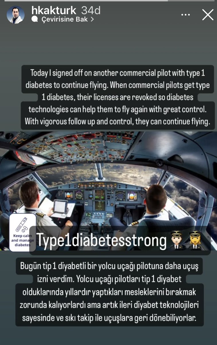 ABD’de tip 1 diyabetli pilotlara uçuş izni verilebiliyor. Dileriz ülkemizde de teknoloji öncesi düzenlemeler kaldırılır ve isteyen tip 1 diyabetliler pilot olabilir. Teşekkürler ⁦<a href="/Drhkakturk/">Dr. Halis Kaan Akturk</a>⁩