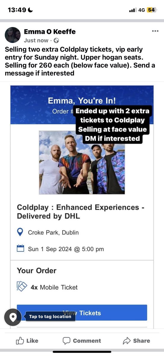 EmmaM336's tweet photo. Selling two extra Coldplay tickets, vip early entry for Sunday night. Upper hogan seats. Selling for 260 each (below face value). Send a message if interested
#coldplaydublin
#Ticketmaster #Coldplaytickets https://t.co/McxKfzGdLn