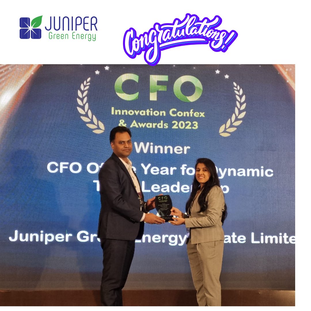 JuniperGE's tweet photo. Congrats to Parag Agrawal for winning the Best Finance Strategy Execution Award at the CFO Innovation Confex and Awards held today.

This recognition from industry peers is a further affirmation of our commitment towards #Sustainability 

#innovation #greenenergy #awards https://t.co/SYA7wKLHk7