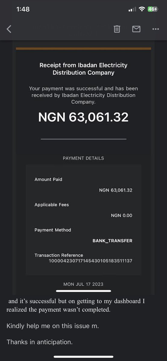 KoslandK's tweet photo. @theflutterwave #cbn Good afternoon , I made this payment for prepaid meter on 17/07/2023 with map id 9623215138 and it’s successful but on getting to my dashboard I realized the payment wasn’t completed. 

Kindly help me on this issue m. https://t.co/MqTZXAOlau