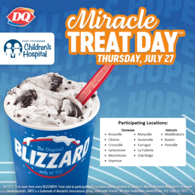 Guess what! #MiracleTreatDay is July 27 at participating @dairyqueen locations. Check out @easttnchildrens to find out if your local DQ is donating $1 or more from every #BLIZZARD Treat sold!