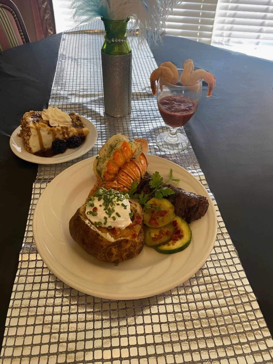 OakwoodHC's tweet photo. Oakwood chefs prepared a steak and lobster dinner for our 1970's "Dancing Through the Decades" Theme Dinner. Staff had fun dressing up for the event and making the evening special and fun for our residents. #DancingthroughtheDecades #TriolgyThemeWeeks https://t.co/YiWUZq45n2