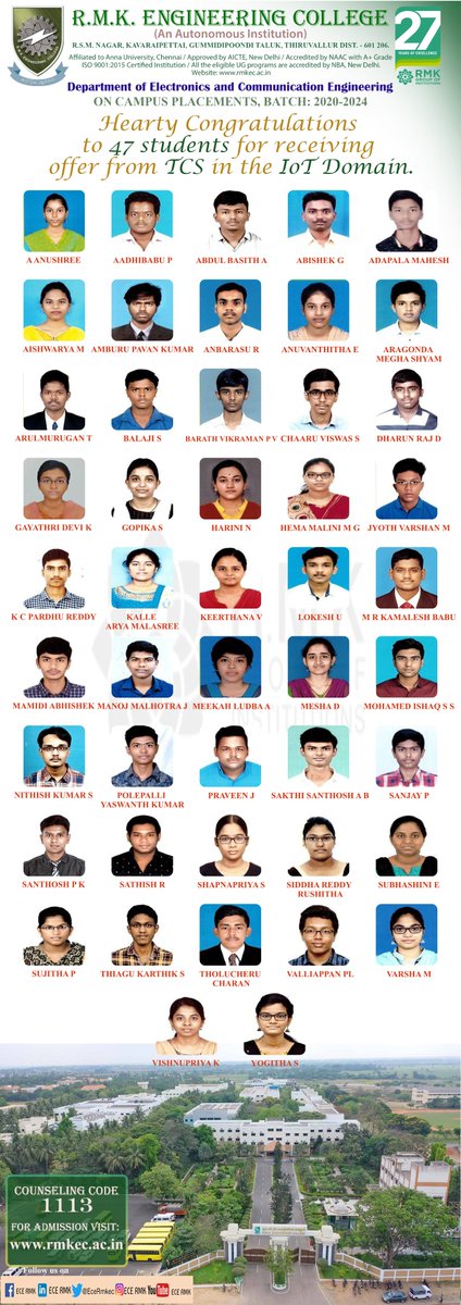 EceRmkec's tweet photo. Hearty Congratulations to 47 students of ECE Department, R.M.K. Engineering College for getting placed in TCS – IoT Domain.
#TCS #ECE #RMKEC #IOT #COE https://t.co/oM4bwkyD48