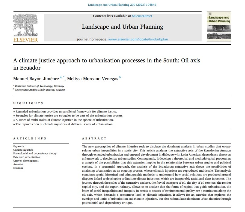 Recién publicado en Landscape and Urban Planning junto a @mel_moreano, el artículo muestra cómo el eje petrolero que comienza en el Yasuní y termina en Esmeraldas genera injusticias climáticas en forma de urbanización clasista y racista. Disponible en: researchgate.net/publication/37…