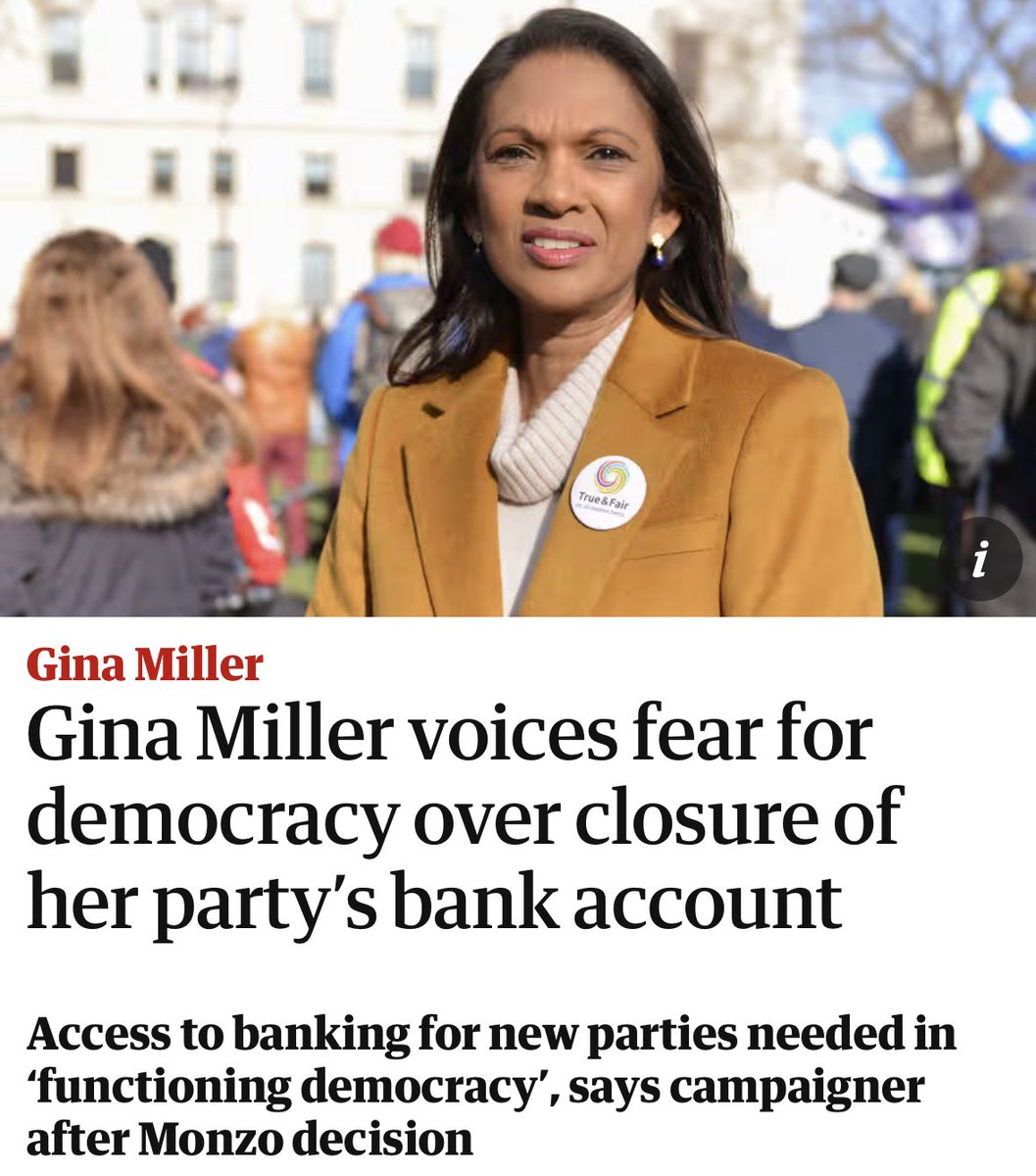 This is precisely the issue. It's never been about left or right - in a democracy it is unacceptable to de-bank based on someone's lawful political views. Whilst their support is welcome, I don't understand why it has taken a month for @Keir_Starmer and now @thatginamiller to…