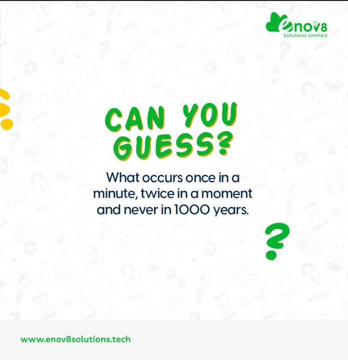 #riddletime
What occurs once in a minute, twice in a moment and never in 1,000 years?

Can you guess?

#fridayriddles
#riddles #brainteaser #fridaychallenge #Enov8solutions #seamlessfuture