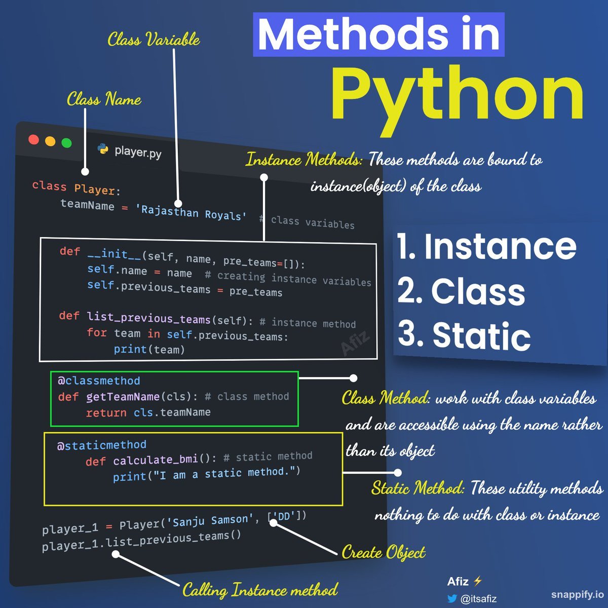 itsafiz's tweet photo. Object Oriented Programming in Python

Methods in Python (with code snippets)

In this thread, we will discuss 3 types of methods with examples

1. Instance
2. Class 
3. Static 

A Thread 🧵👇 https://t.co/YZ8KNaZ3Ld