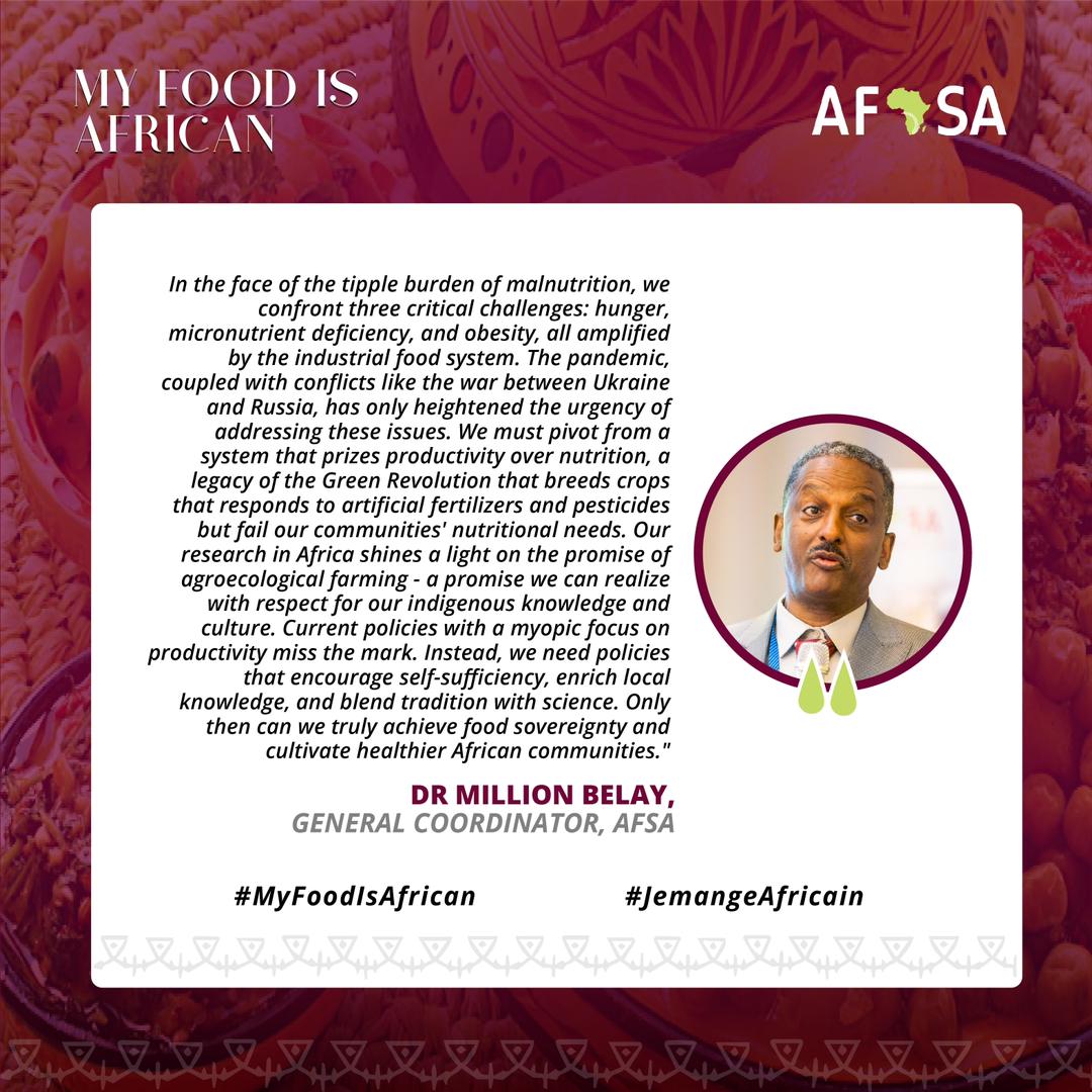 We must pivot from a system that rewards productivity over nutrition, a legacy of the Green Revolution that breeds crops that responds to artificial fertilizers and pesticides but fail our communities' nutritional needs- <a href="/Million_Belay/">Million Belay</a> 
#MyFoodIsAfrican