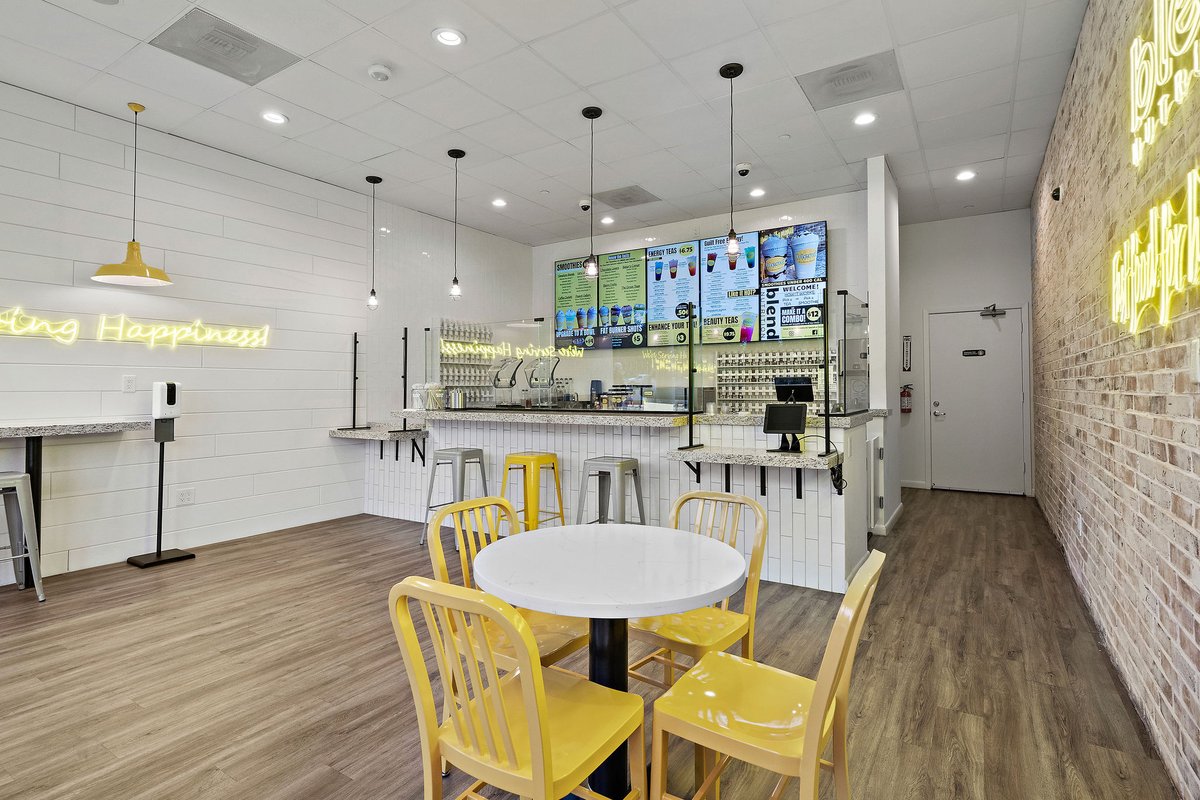 Infusing pops of yellow and sleek industrial furnishings, this smoothie shop design radiates a vibrant and fun ambiance
#BlendNutrition #smoothieshop #smoothies #health #design #quickservicedesign #yellow #interiordesign #shopdesign #houstondesign