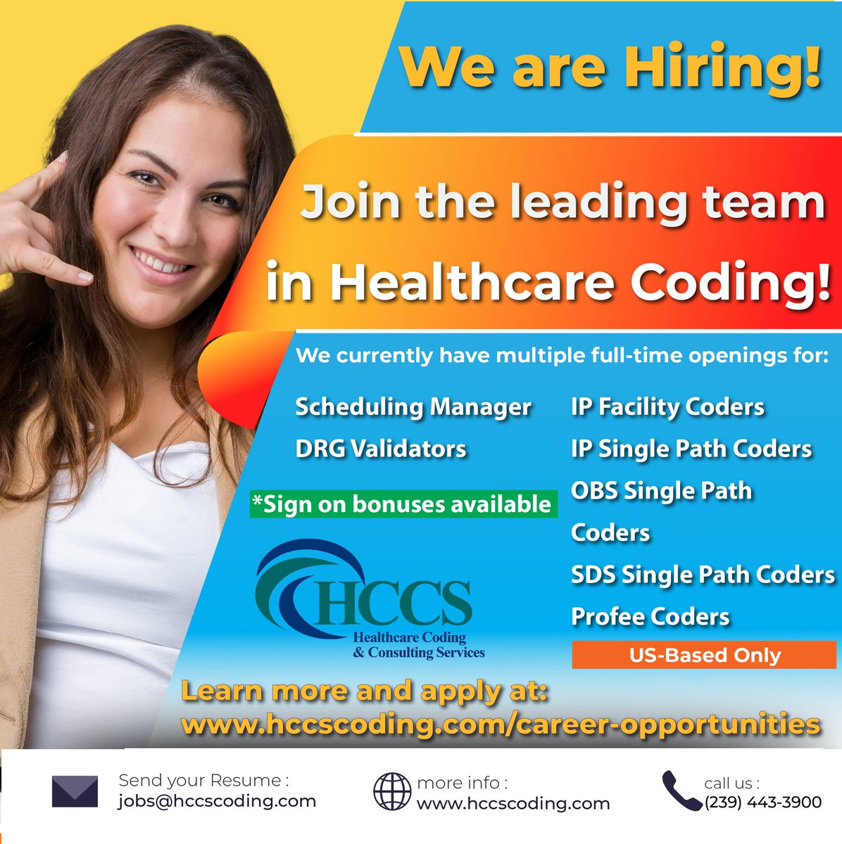 HCCSCoding's tweet photo. 📢 Join the Leading Team in Healthcare Coding! We're hiring for multiple full-time positions: #SchedulingManager #DRGValidators #IPFacilityCoders #IPSingePathCoders #OBSSinglePathCoders #SDSSinglePathCoders #ProfeeCoders. Apply now! #HealthcareCoding #NowHiring #JoinOurTeam https://t.co/At3HGbV0dg